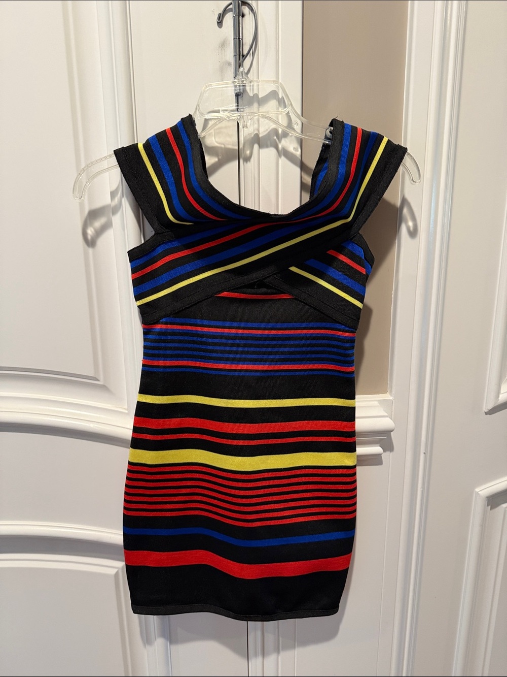 WOW couture Black Dress with Red, Blue & Yellow Stripes